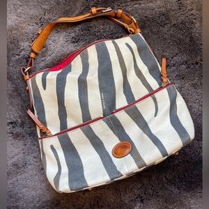 Dooney & Bourke Vintage Zebra Canvas Multi Pocket Shoulder Bag